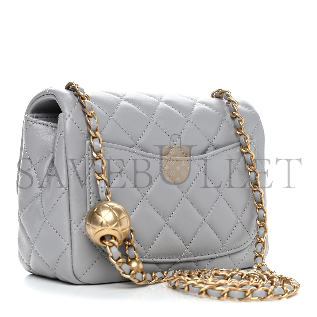 Ch*el lambskin quilted mini pearl crush flap light grey as1786 (18*13*7cm)